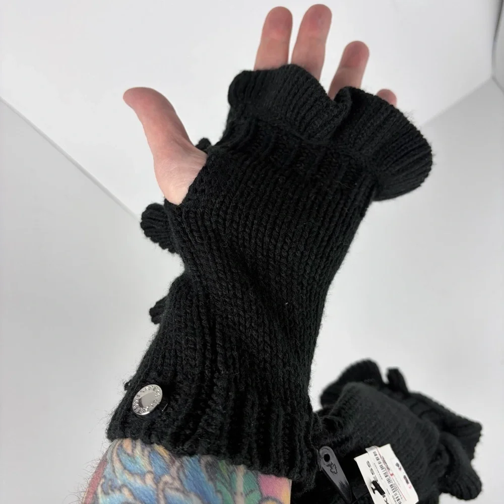 Express Black Ribbed Fingerless Gloves Ruffle Detail NWT
